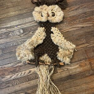 Vintage 1970's Boho Macrame Jute Bead Owl Wall Hanging Decor Folk Art 38” x 17”